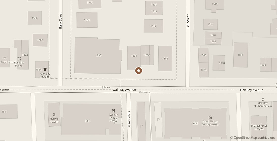 Map showing Saisons Osteopathy on Oak Bay Avenue, Victoria, between Bank and Fell streets